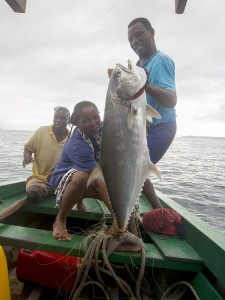 The biggest catch of our trip, a 25 pound "batula" (apparently some kind of tuna).