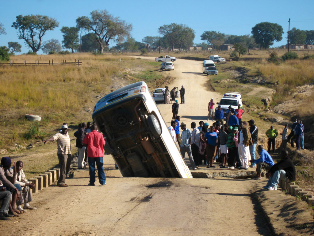 A taxi fell through the bridge near our village.