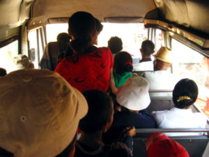 The "taxi be" public transport in most towns and cities of Madagascar. The seats are tiny and there's always more people standing in the aisles! But also practical, cheap, and we get to meet a lot of people that way.