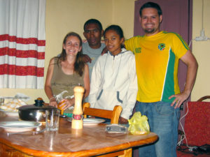 Enjoying a meal at our house with our friends Tahina and Lanja.